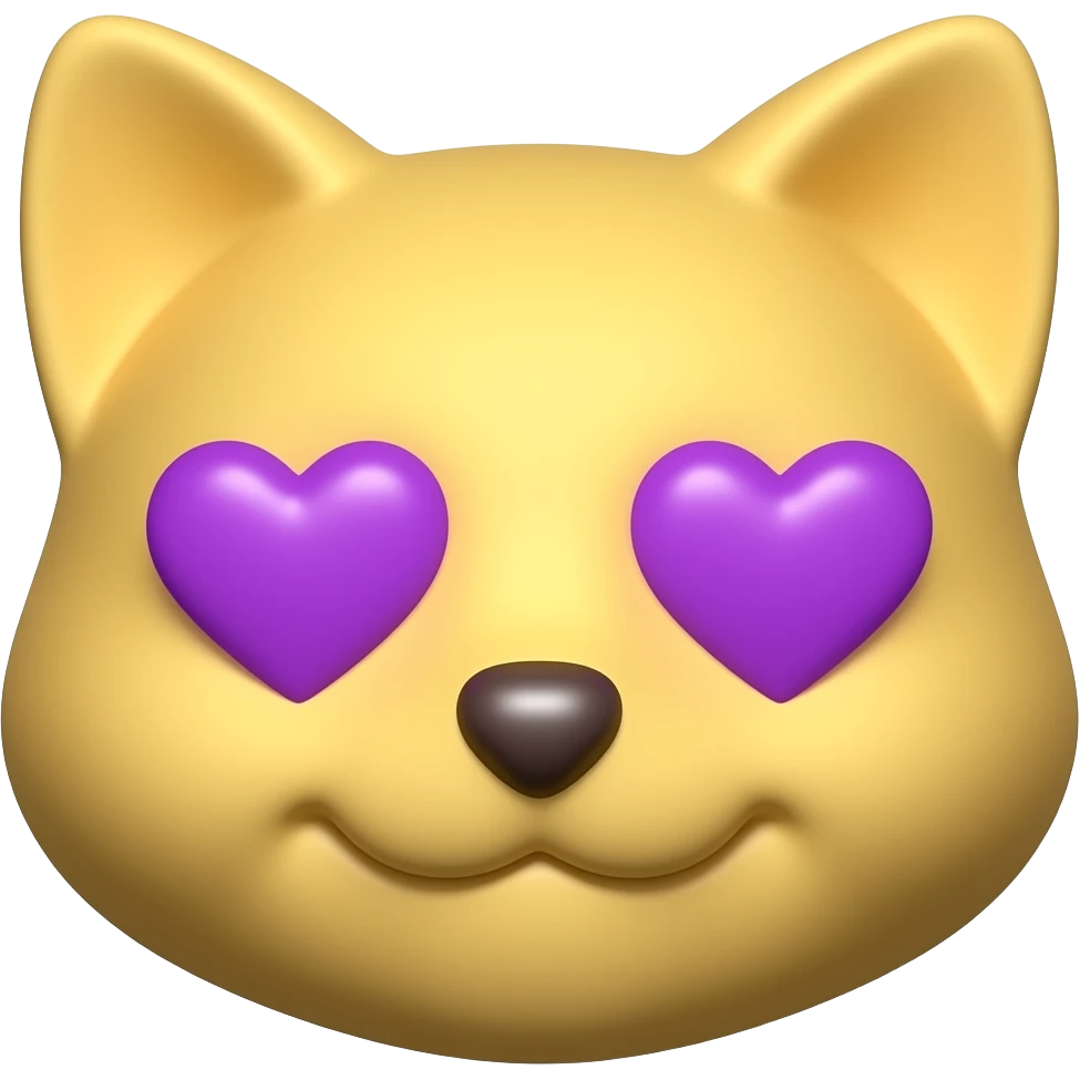 3D Classic Plain Yellow Cat face with Purple Heart Shaped eyes smiling no nose emoji