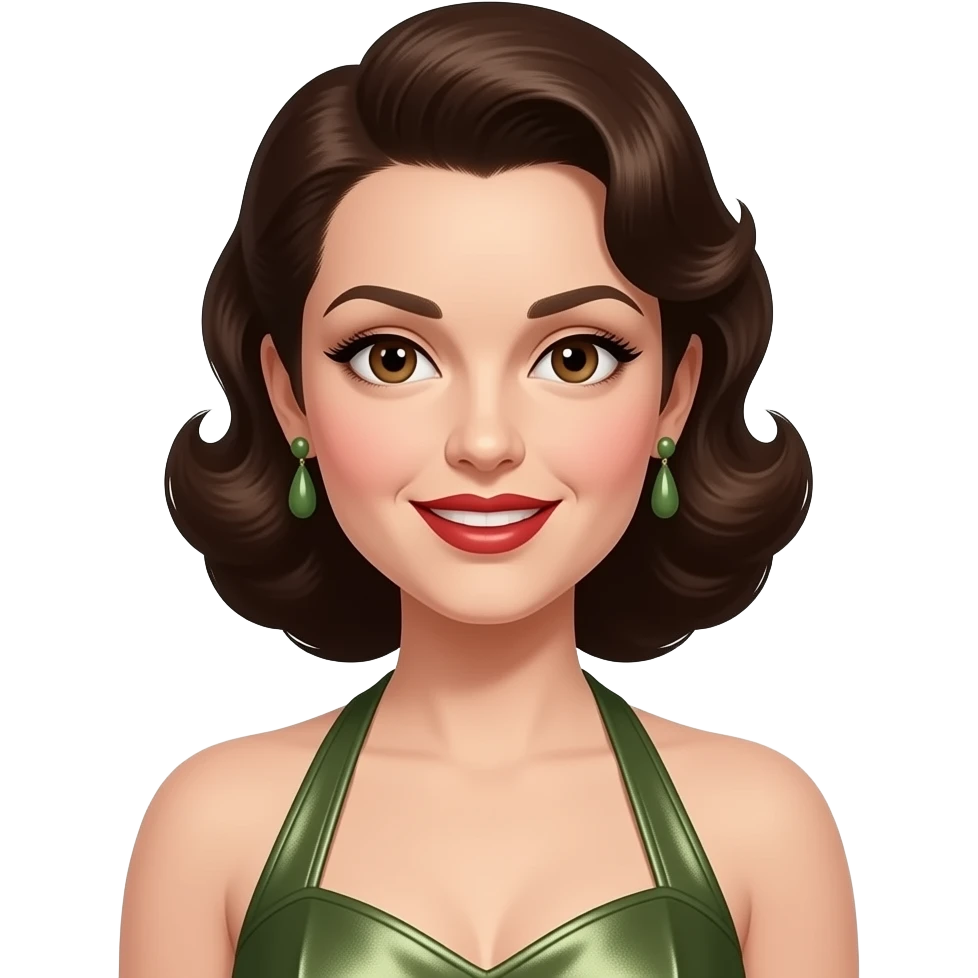 Maxene Andrews from The Andrews Sisters with brown eyes, long dark brunette 40s victory roll hair, olive metallic halter dress, olive earrings emoji