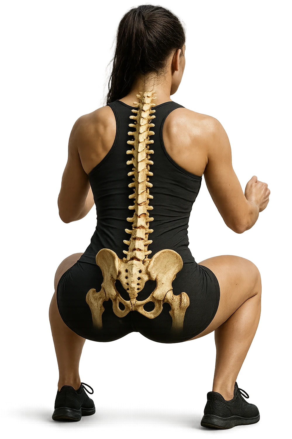 donna di spalle che fa squat con spina dorsale anatomica in evidenza, iperrealistica 4k emoji