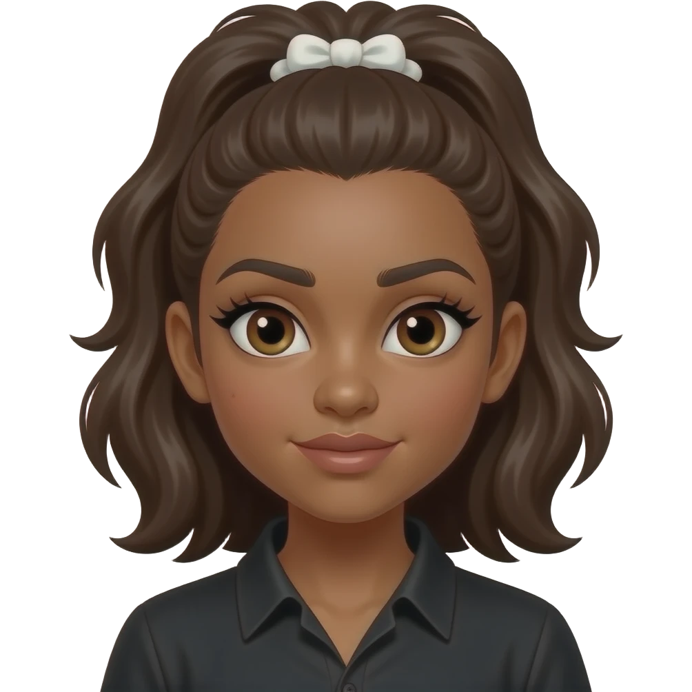 ggirl with deep but not dark brown hair held back with a white scrunchie, dark-goldenish-brown skin, big brown eyes, long lashes, thick dark eyebrows, a single dimple on her left cheek, vampire shirt. emoji