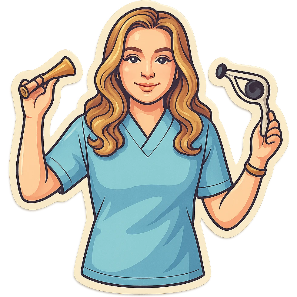 A girl with facial features and light wavy hair as in the reference, wearing a blue medical suit, holding an obstetric stethoscope in one hand, the other hand down, smiling, in retro stickers style with thin clean contours, soft rounded shapes, pastel palette, retro sticker aesthetic, detailed shadows and highlights, soft lighting, transparent background. emoji