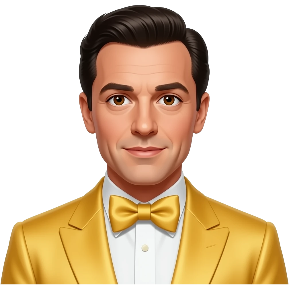 Gene Kelly with brown eyes, black hair, yellow silk suit with bow tie emoji