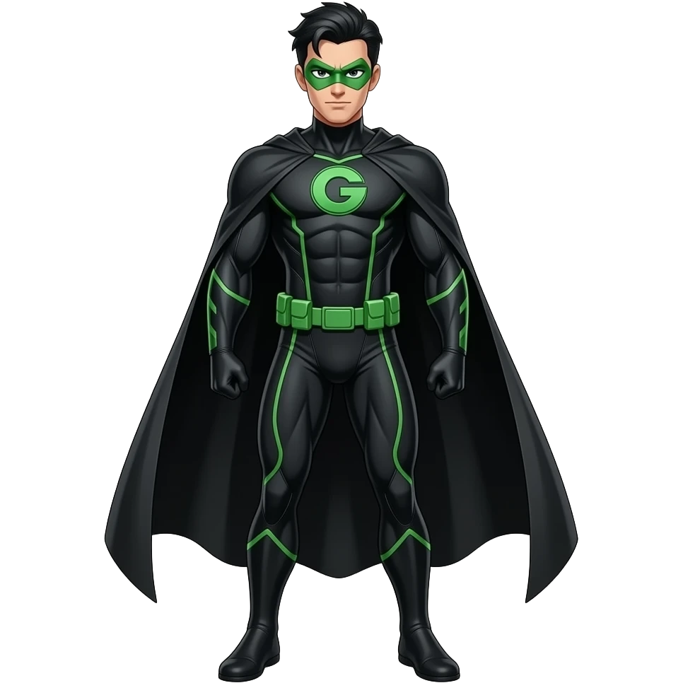 Anime black male superhero suite all black and green lines black slick back hair green masks and very long black cape letters G on the suite look superstrong very tall full body emoji