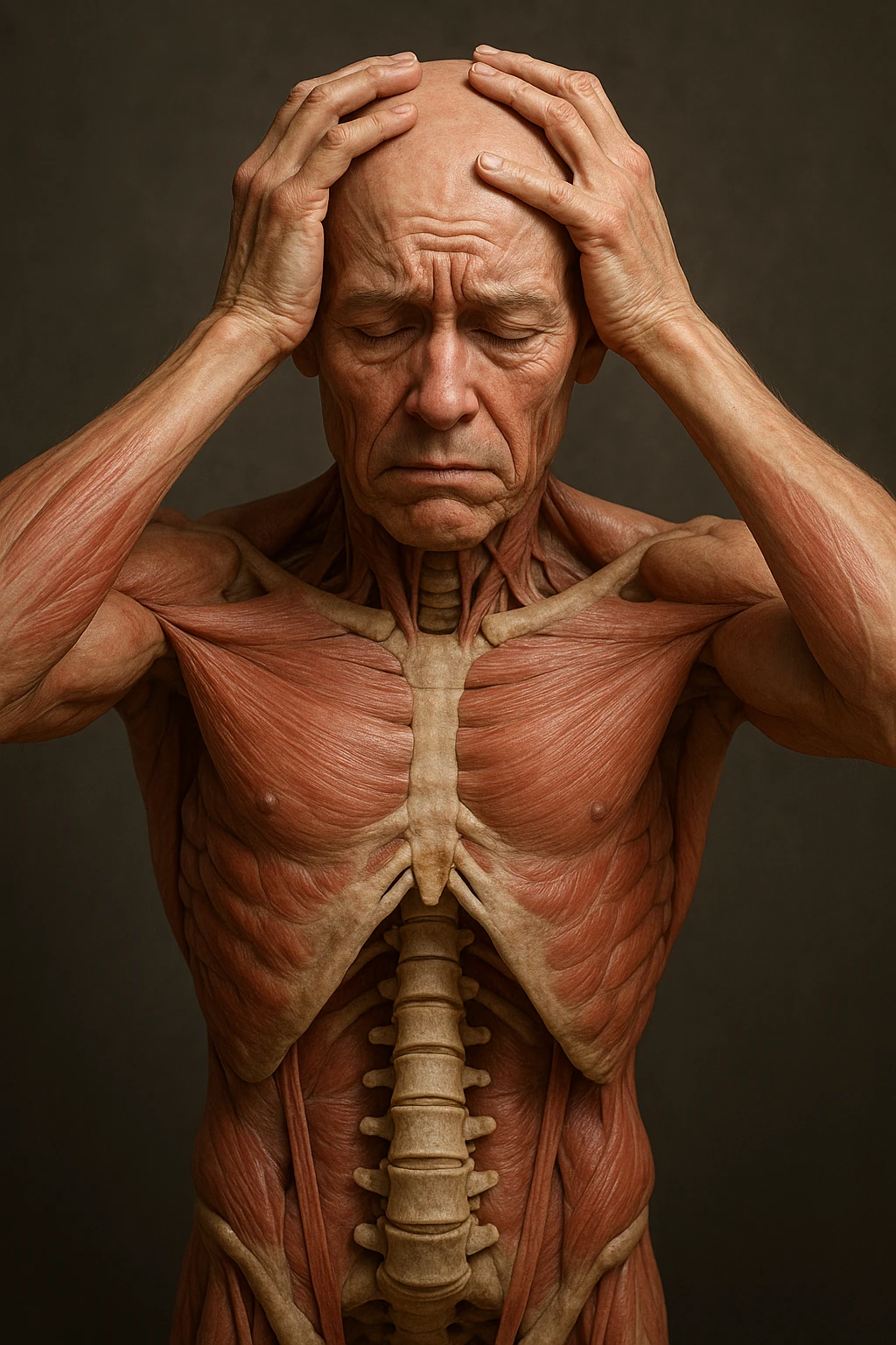 CORPO UMANO ANATOMICO con spina dorsale in evidenza, molto stanca e stressata mentre si tiene le mani sulla testa, IPERREALISTICO 4K emoji