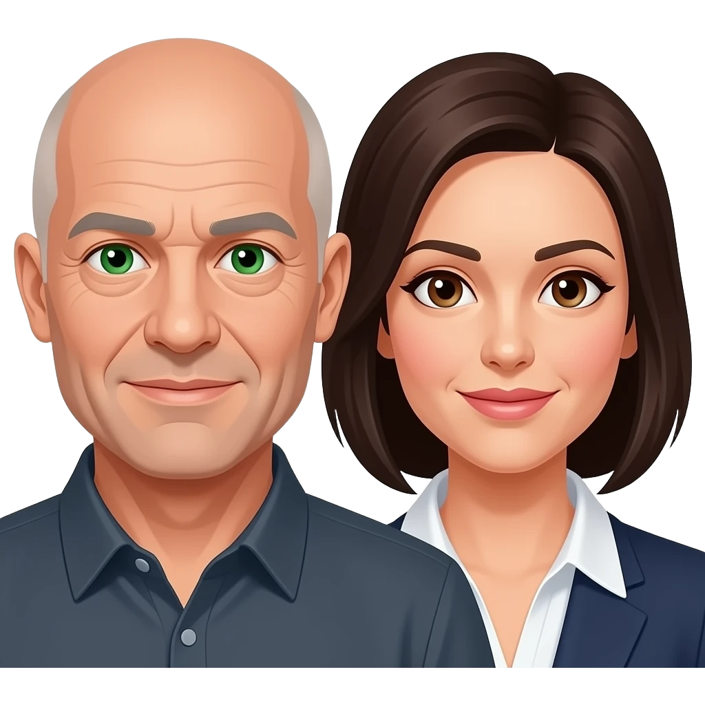 Middle age, bald man with green eyes and dark haired woman with brown eyes emoji