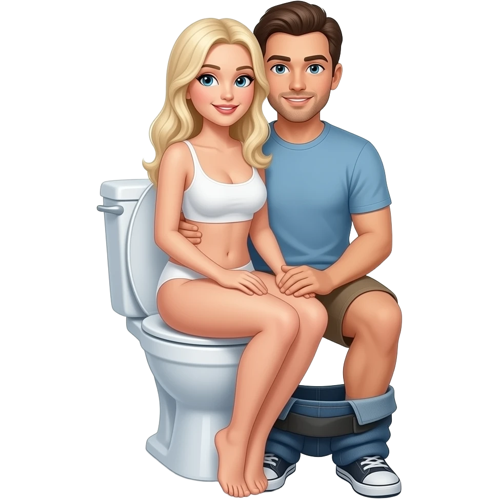 A man sits on the toilet. A naked white blonde woman sits on his lap emoji