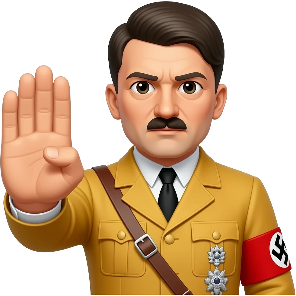 A yellow hitler with a swatica on a red shoulder band and he is doing the nazi sollutrle with all of his fingers straight out sland his thumb on the balm of his hand emoji