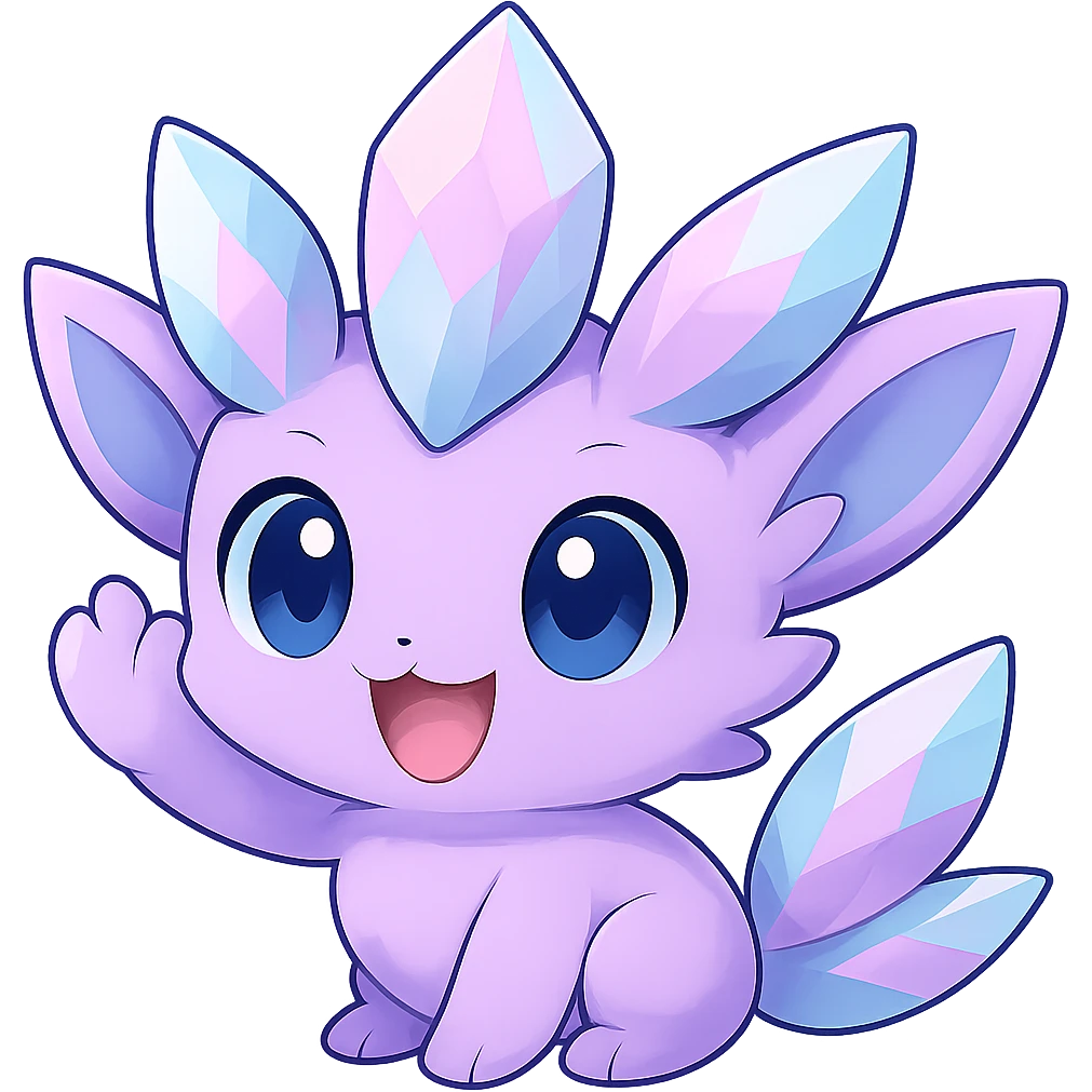 Make the chibi kawaii crystal sprite creature with a crystal tail wave hello. Keep the pastel purple, blue, and pink colors. Show a happy and excited expression. No background. Maintain the chibi kawaii crystal sprite style as in the reference image. emoji