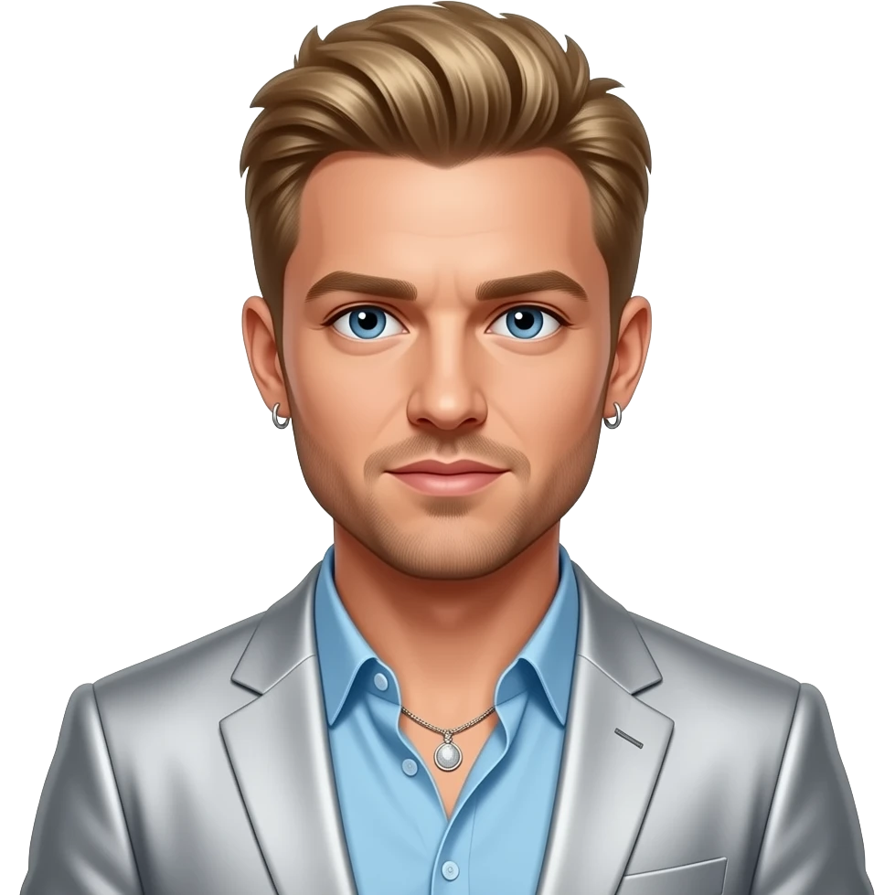 Justin Timberlake from NSYNC with blue eyes, dirty blonde hair, grammy baby blue shirt and silver suit jacket, necklace and short earrings emoji