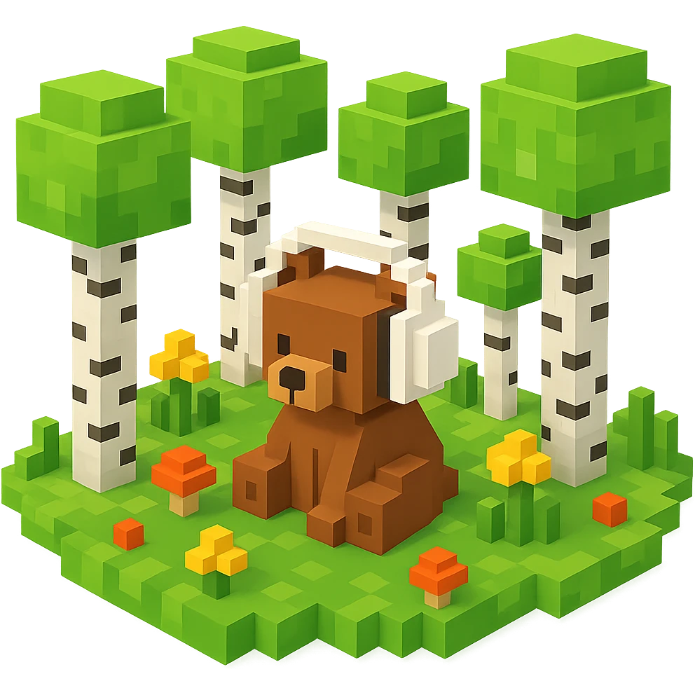 березовый лес, в котором сидит бурый медвежонок в белых наушниках (наушники должны закрывать уши медведя), no background  emoji