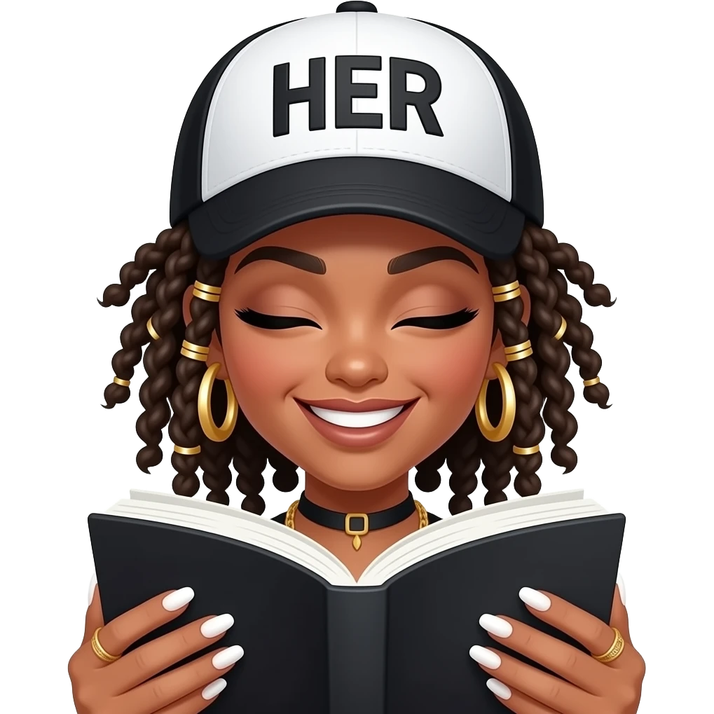 girl wearing a black & white trucker cap that says HER, dreads,curly ends, gold hair charms & accessories. big sneaky smile eyes closed winking, long nails French manicure giving baddie vibes emoji