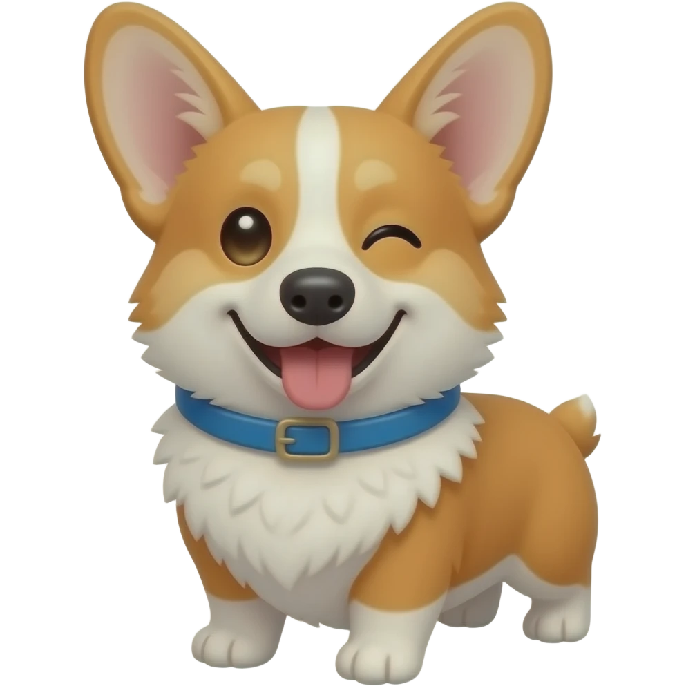 silly corgi dog, looking at the camera, cross-eyed, tongue out and smiling with closed mouth, blue collar, emoji