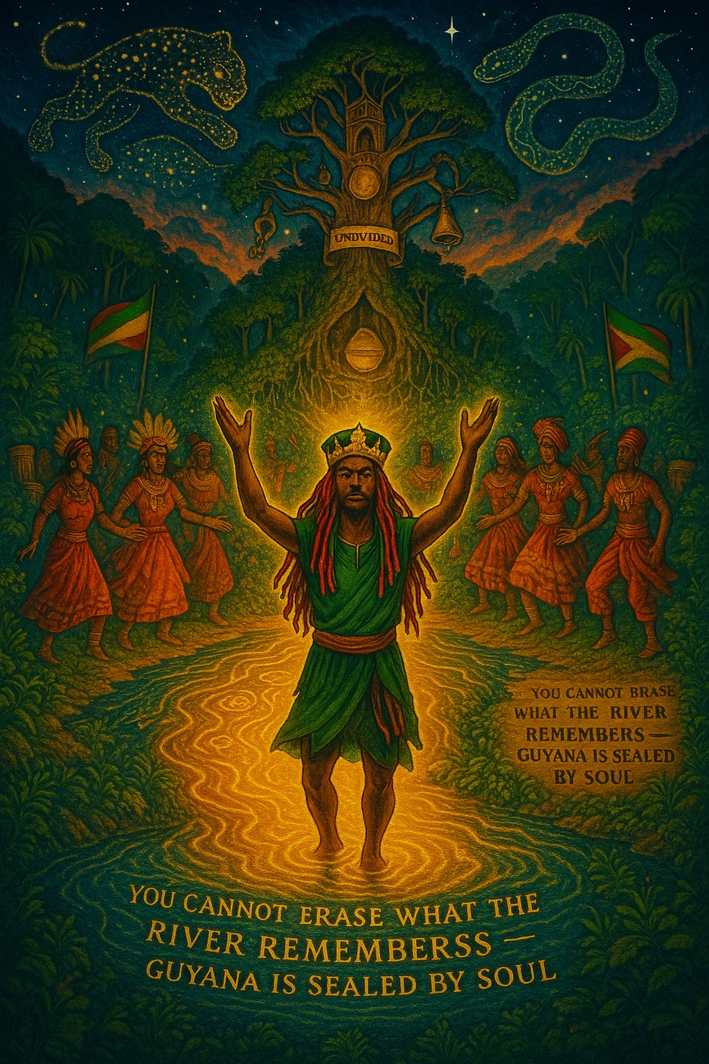 A vivid, spiritual illustration of Guyana reborn as a land of divine rhythm, ancestral return, and natural royalty. In the heart of the image flows the mighty Essequibo River, glowing with golden energy — a symbol of memory, healing, and spiritual current. Surrounding the river are lush, enchanted rainforests pulsing with hidden drums, glowing symbols, and jungle spirits made of light.

At the center, a crowned I-tal figure (part Rasta, part ancestral guardian) stands barefoot in the river, arms raised, channeling the rhythm of the land into the sky. Around them: a ring of spirit dancers echoing maroon heritage, Amerindian wisdom, and African soulfire — dressed in ceremonial garb, dancing in sync with the heartbeat of the earth.

Above, the stars form the shape of a jaguar and a giant serpent intertwined — the twin protectors of Guyana. Behind them, a mighty temple-tree rises from the jungle canopy, its branches holding sacred items: a calabash, a broken colonial chain, a conch shell, and a scroll titled “Undivided.”

Sacred text etched into the riverbank reads: “You cannot erase what the river remembers — Guyana is sealed by soul.”

The colors should reflect spiritual awakening: deep emerald, fire-gold, sunrise orange, and night-sky indigo. Mist, ancestral drums, and glowing Rasta flags should blend into the atmosphere — making this a vision of both resistance and rebirth. emoji