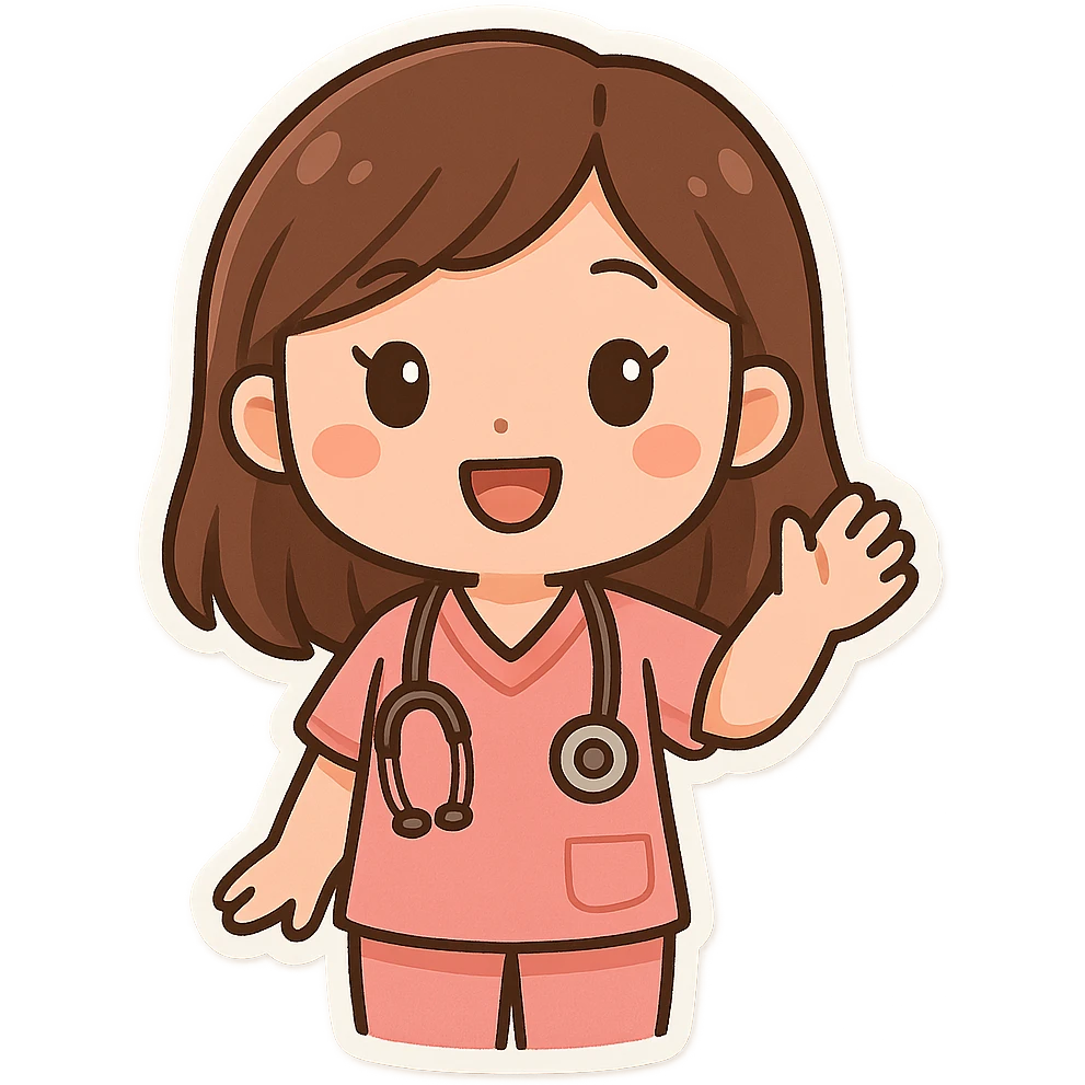 female doctor in pink medical attire, with a stethoscope around her neck, waving, cartoon style emoji