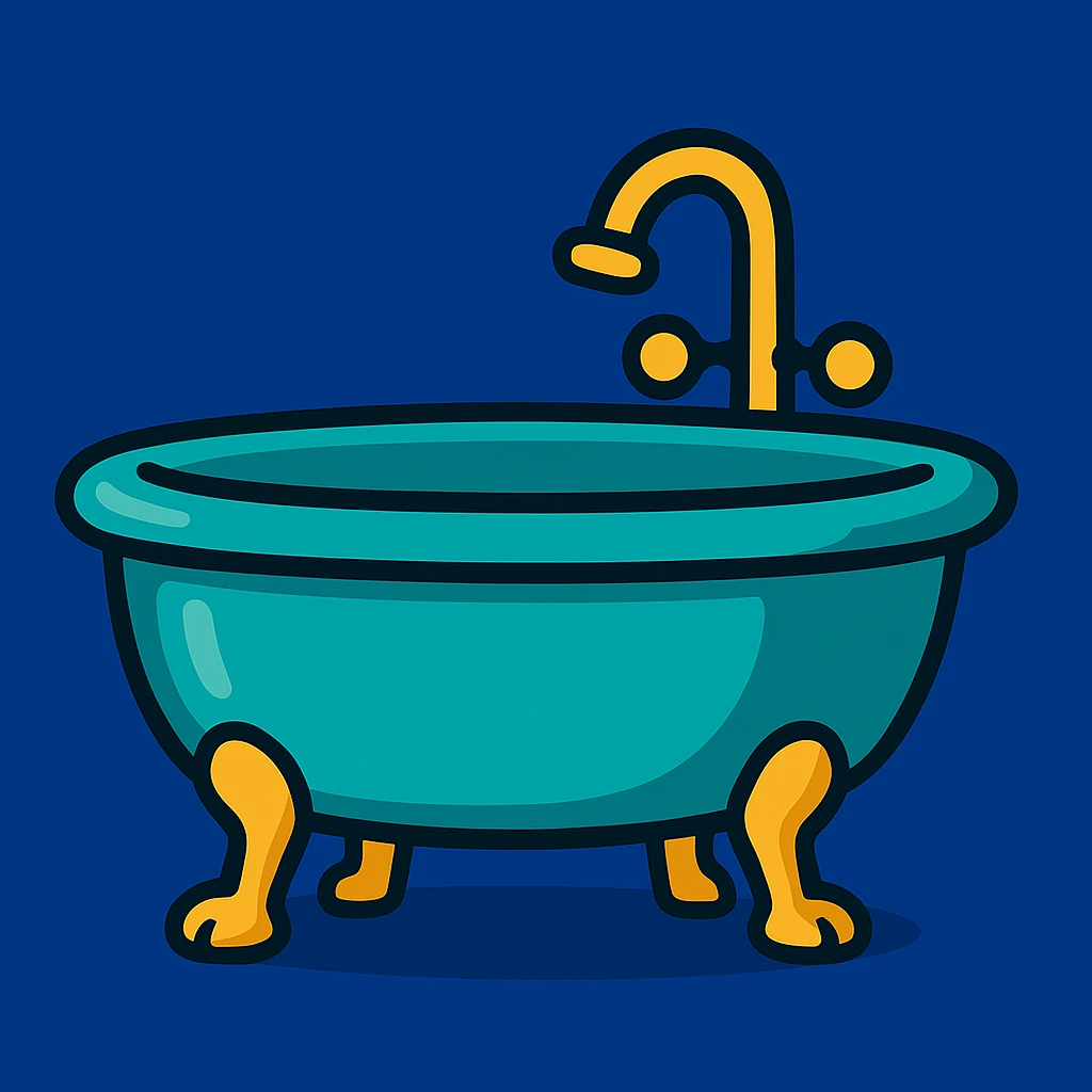 Add a solid dark blue background (#1E3A8A) behind the bathtub. Keep the cartoon style. Preserve the bathtub color as turquoise and the feet as gold. emoji