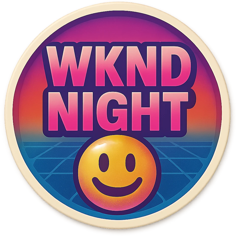 WKND NIGHT retro 80s style, vibrant gradients, synthwave feel, clear and legible at emoji scale for Slack emoji