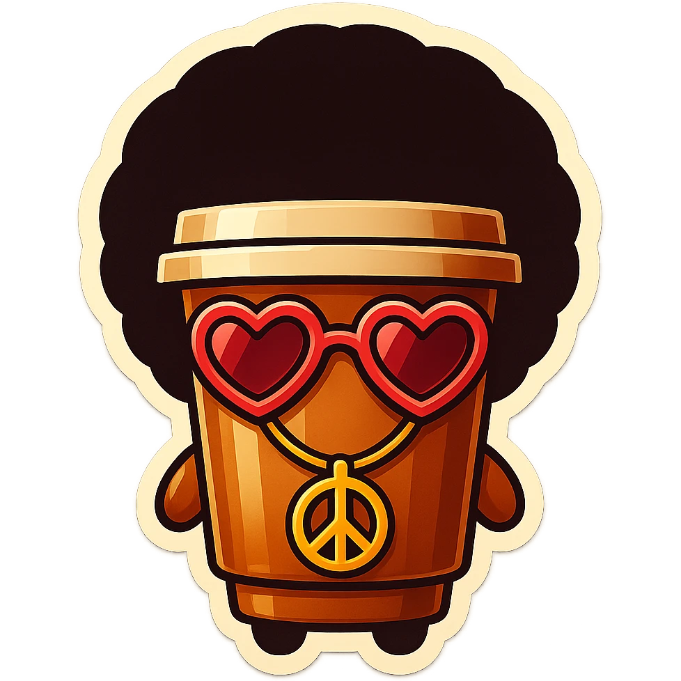 Tall coffee cup, no mouth, afro, heart glasses, peace sign necklace emoji