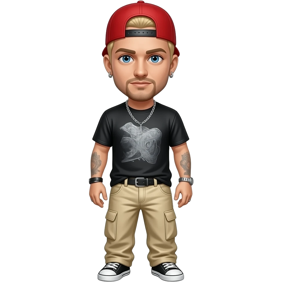 Fred Durst with blue eyes, blonde buzz cut hair, red cap, black metallic metal t-shirt, beige metallic metal baggy pants, necklace and earrings emoji