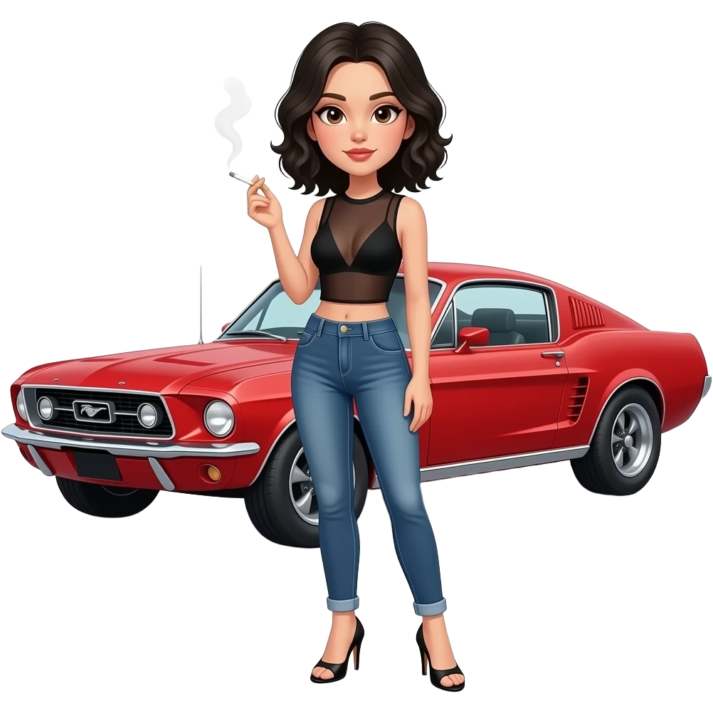 Pale girl with black wavy hair and brown eyes backed against a red ford mustang 1968 coupe. Girl wearing a sheer black sleeveless top, low rounded neckline, jeans and heels with visible toes. smoking cigarette. emoji