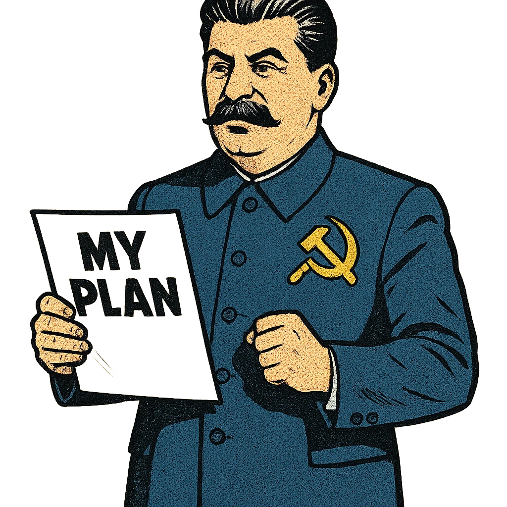 A full body image of a political leader who looks like Joseph Stalin and who is wearing a blue suite with a large badge of the communist party on his jacket.  He will hold a sheet of paper with the word 'My Plan' on it. emoji