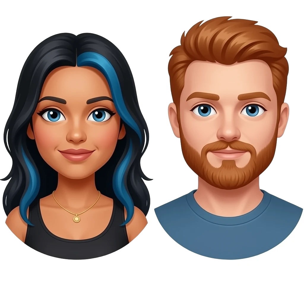 latin woman with blue streaks in long hair  and red hair man grey beard emoji