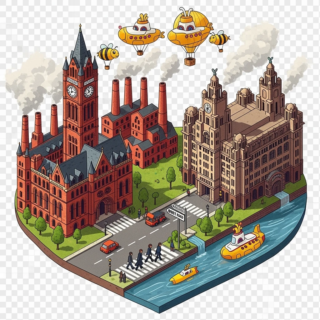 Isometric illustration of Manchester and Liverpool combined, featuring Beatles references (Abbey Road sign), Manchester Town Hall, toy-style factories, balanced between stylized painting and realistic, transparent background emoji