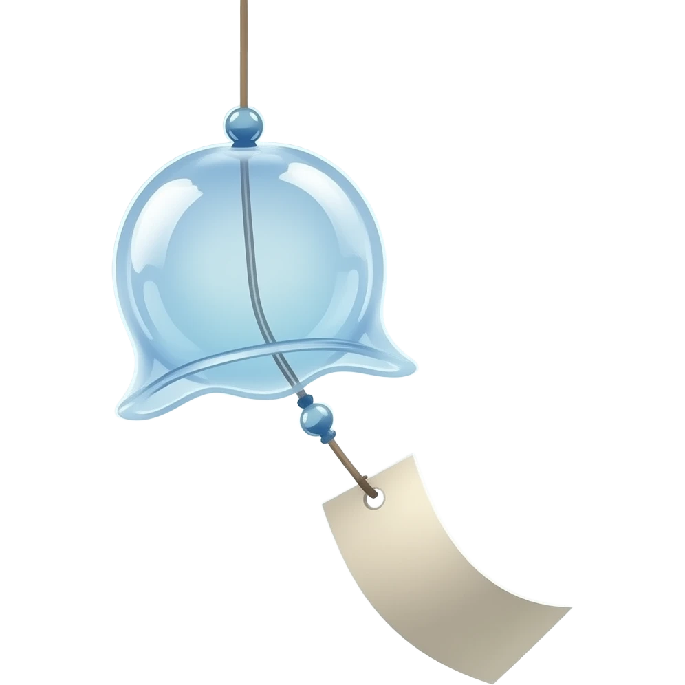 A delicate Japanese furin wind chime hangs gently in the air, suspended by a thin string. It features a single piece of paper attached below, swaying softly with every breeze. The subtle movement creates a sense of calm and quiet elegance, capturing the essence of minimalism and serenity. emoji