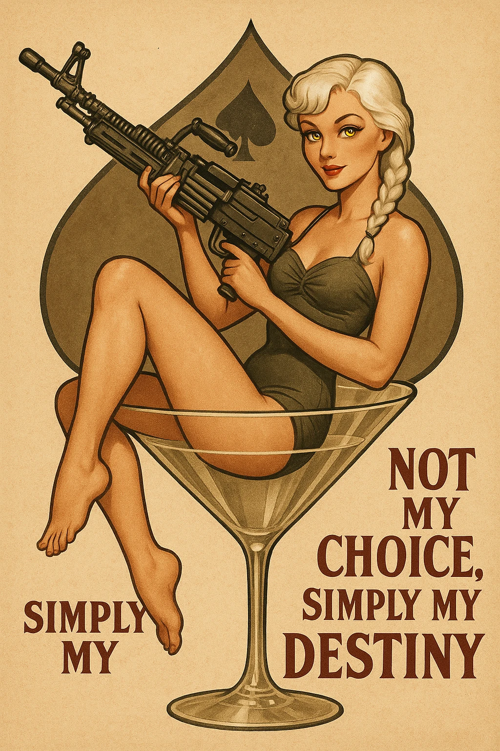 a retro military pinup " not my choice, simply my destiny "
; female figure young,gorgeous, white hair 1 braid, gold yellow eyes, sitting in a martini glass with a massive LMG in a swimsuit in front of a 'spade' emoji