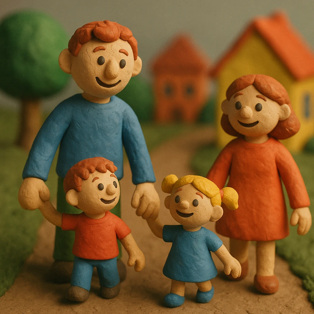 parents take their children home, happy family walking home together emoji