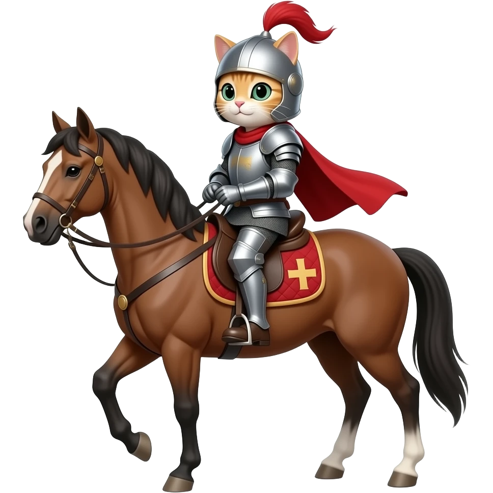 Atın üstüne binip şovalye kıyafeti giymiş kedi emoji