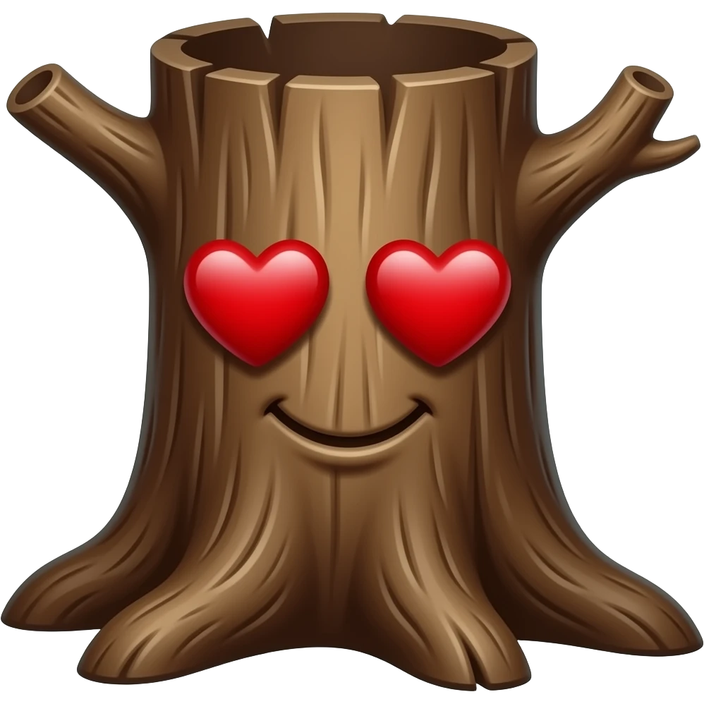 a tree trunk with red heart eyes smile emoji