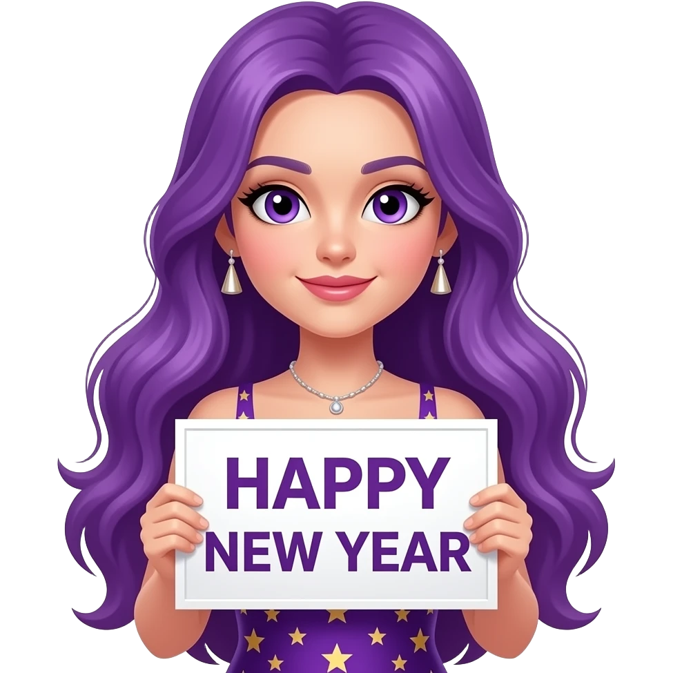 sexy girl with long purple hair and purple eyes wearing a new years dress holding a HAPPY NEW YEAR sign emoji