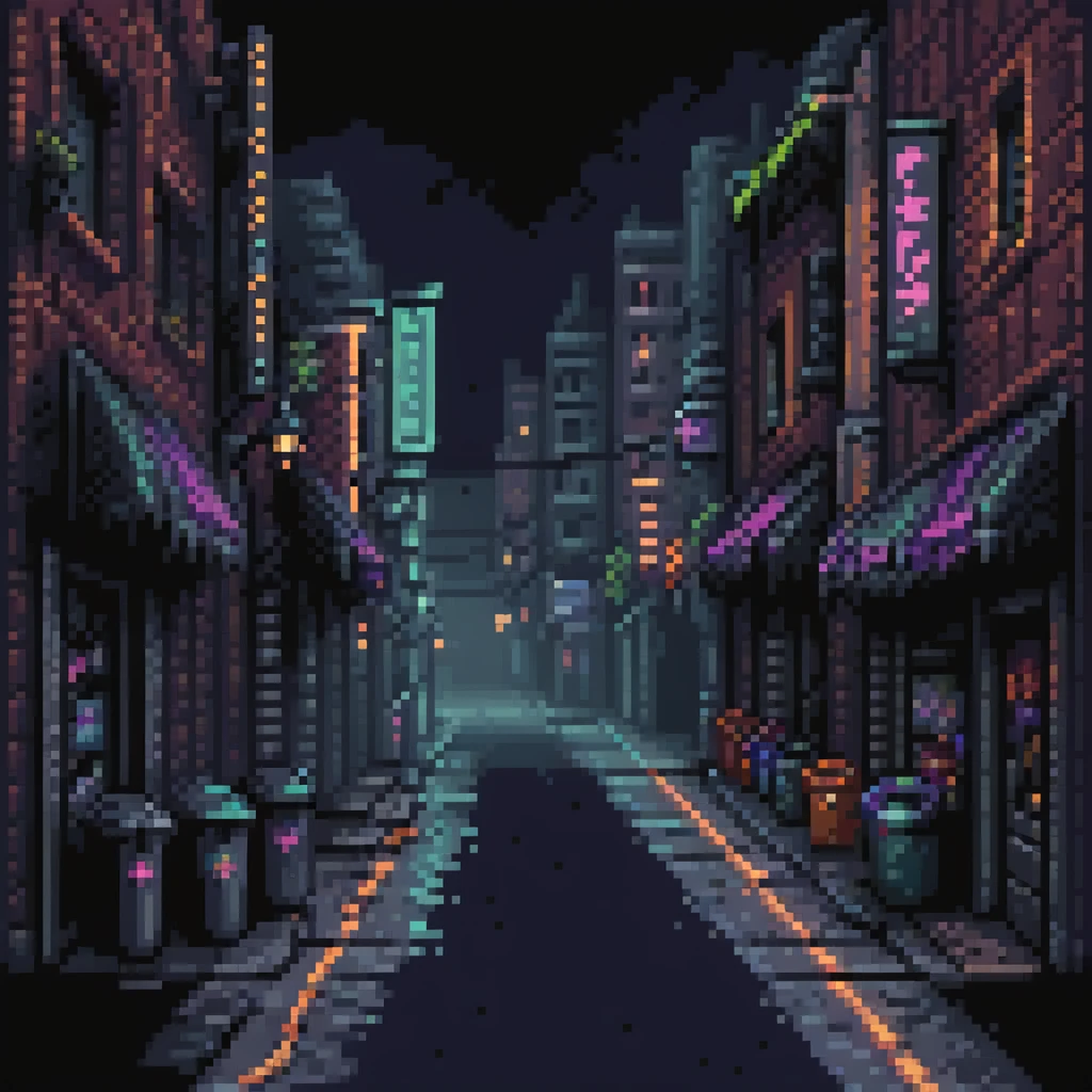 Pixel art background, side view of a dark Gotham-style street at night, moody lighting, flickering neon signs, trash bins, wet pavement, shadows in windows, 2D fighting game stage style, straight camera angle, retro arcade aesthetic
 emoji
