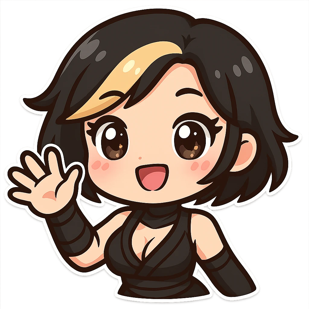 Super cute kawaii chibi style sexy ninja girl with black short hair and a blonde streak, only head and arms visible, big sparkling eyes, round face, soft colors, playful charm, bold outlines, transparent background, no mask, hand fully raised, waving, smiling, sized for Twitch emoji use. emoji