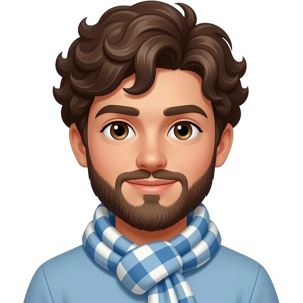 young boy with beared and curly hairs wear neck scarf emoji