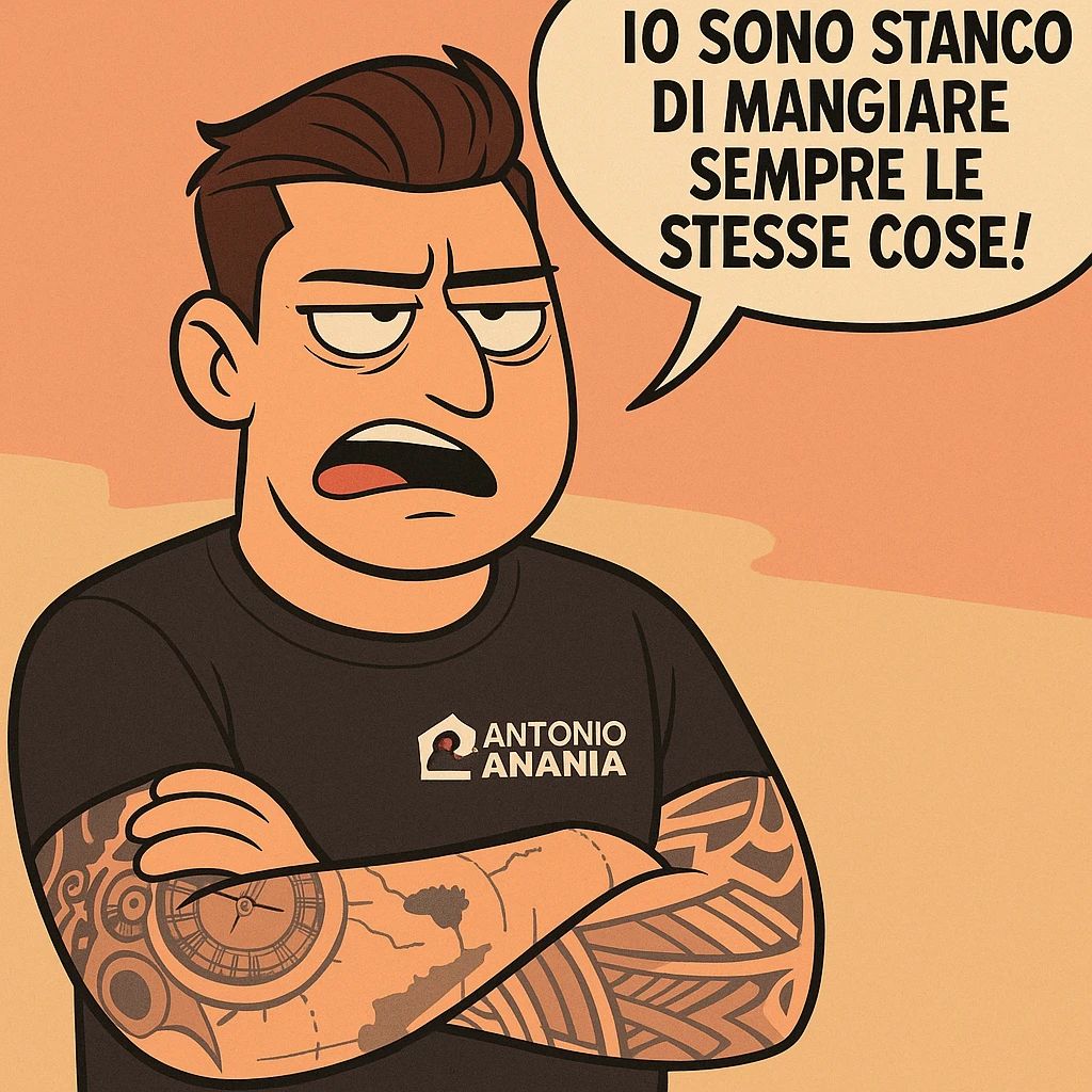 Transform this person into a cartoon style with an annoyed or exasperated expression, saying: "Io sono stanco di mangiare sempre le stesse cose!". Use a simple background with an ironic and caricatural atmosphere. emoji