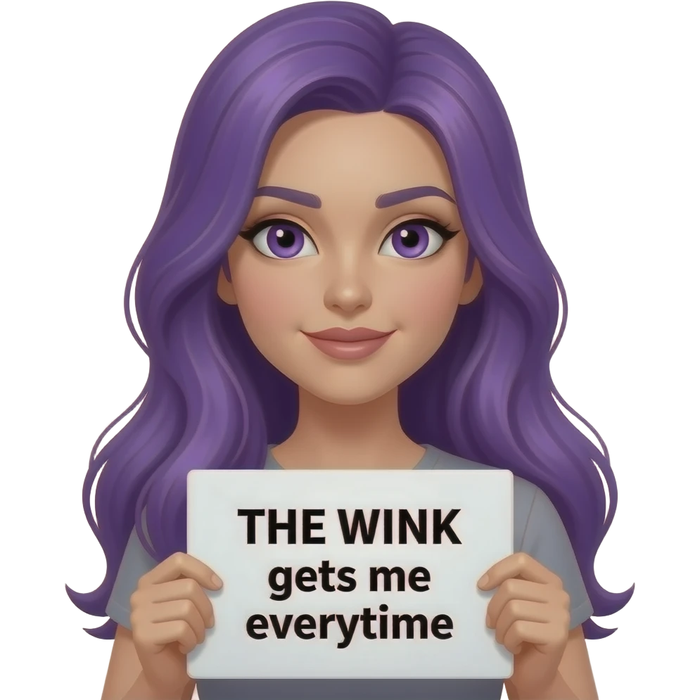 sexy girl with long purple hair and purple eyes holding a THE WINK gets me everytime sign emoji