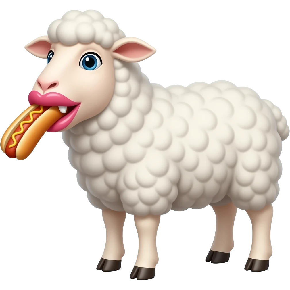 White Sheep with ultra big botox filler lips swallowing hotdog with no teeth emoji