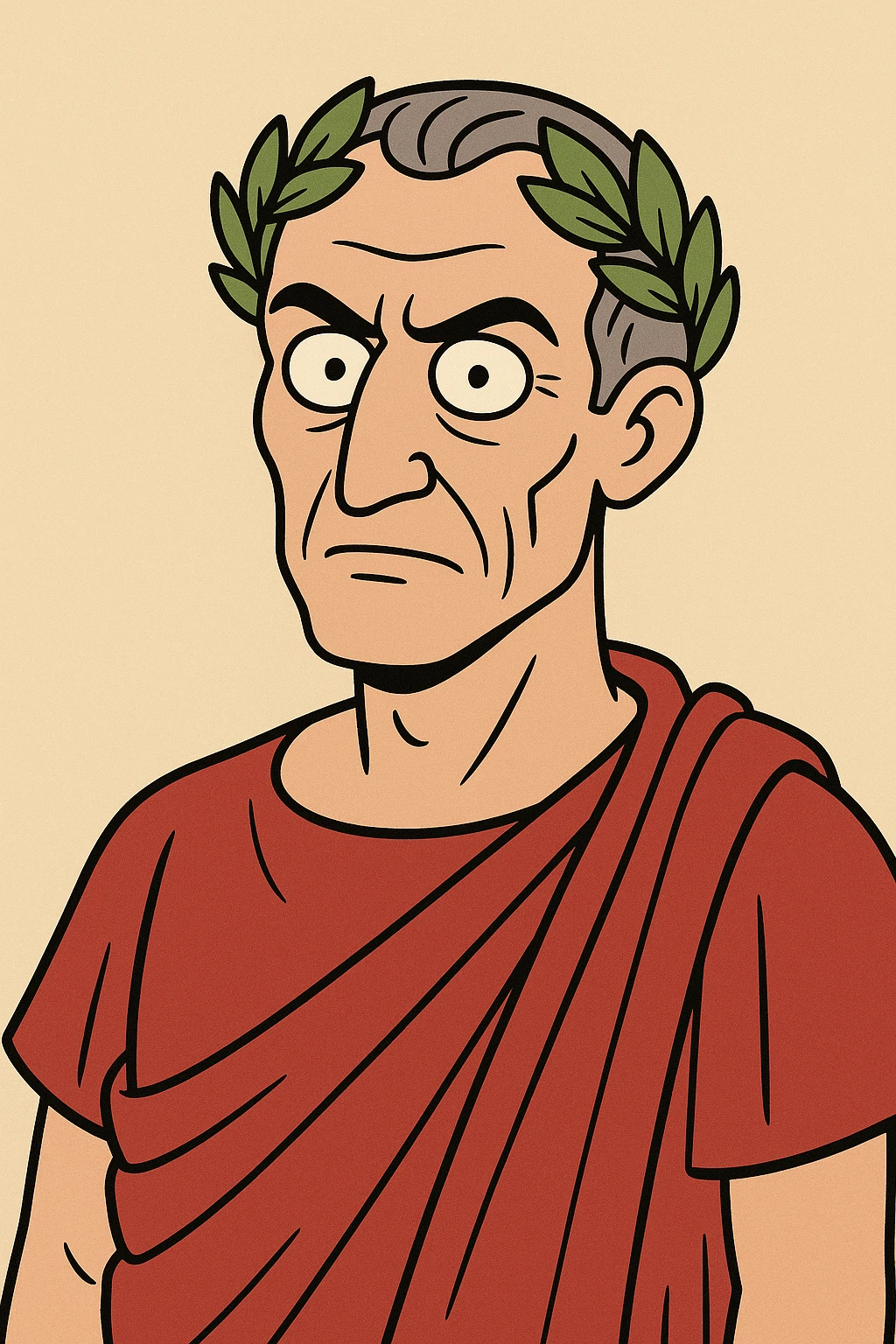 Julius Caesar in a red toga with a laurel wreath, stylized cartoon style emoji