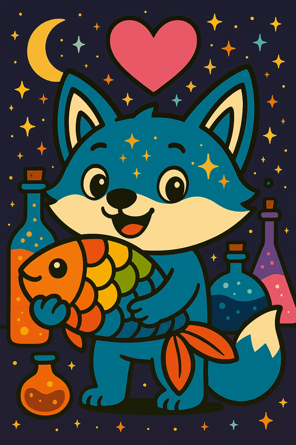 Add a magical, witchy background with stars, crescent moon, and potion bottles behind the blue fox hugging the rainbow fish with a big pink heart, in vibrant toon style. emoji