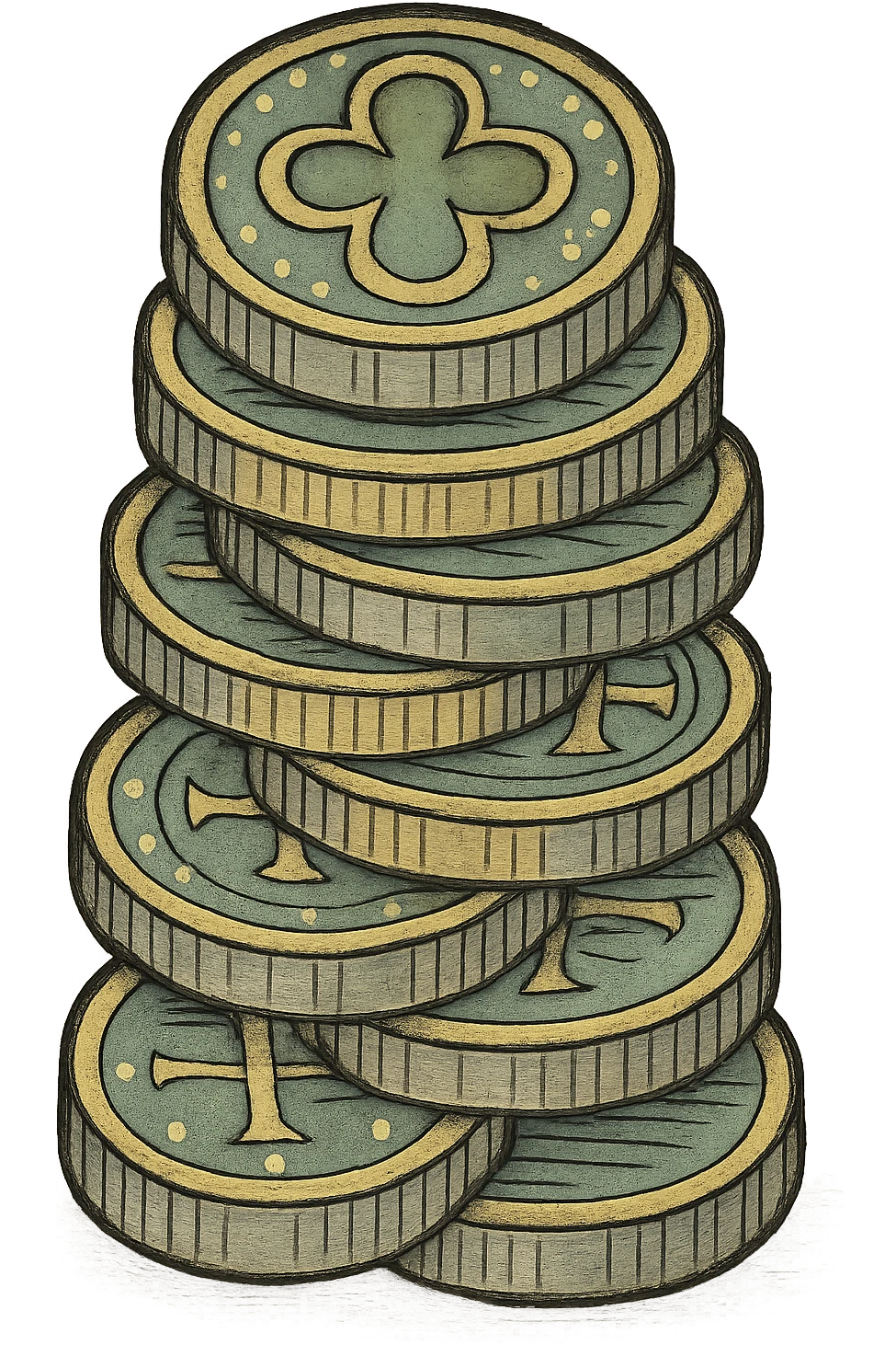stack of coins, classic look, green gold and white color scheme, elegant lines, decorative details emoji
