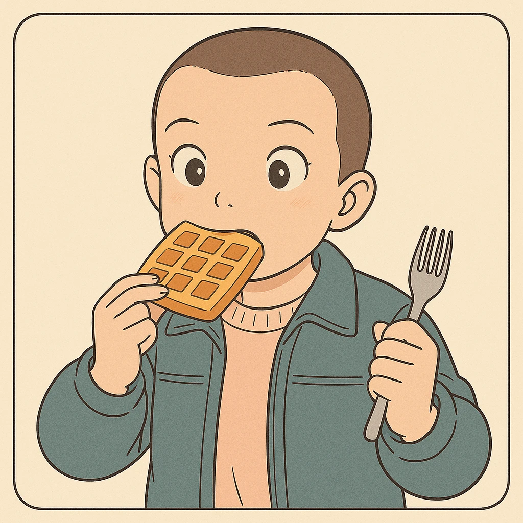 Eleven from Stranger Things eating a waffle, shaved head, wearing a jacket, surprised expression, simple line art, light pastel tones, thick outlines, in Ghibli style, square 1:1 format emoji