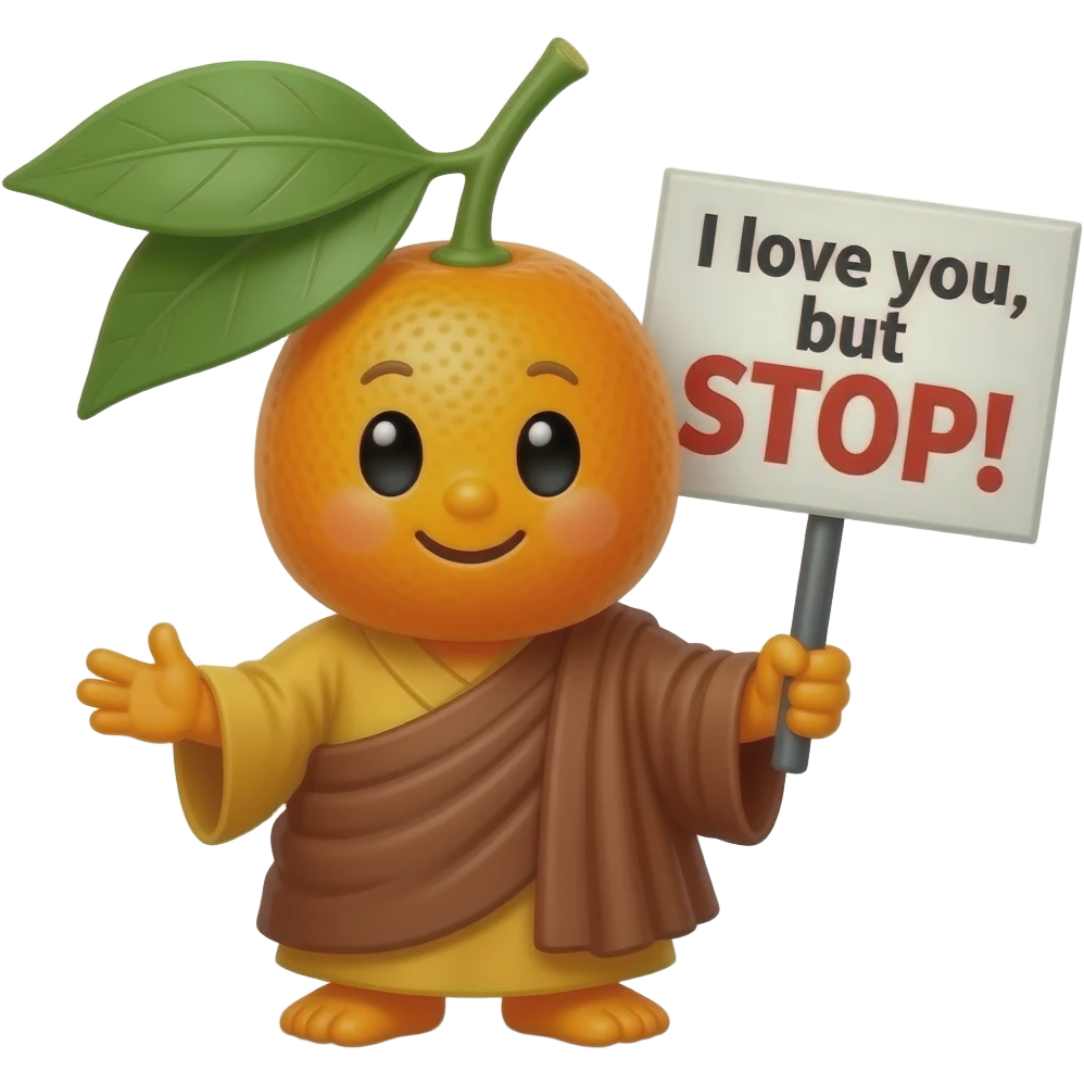 Buddhist kumquat holding sign saying “I love you, but STOP !” emoji