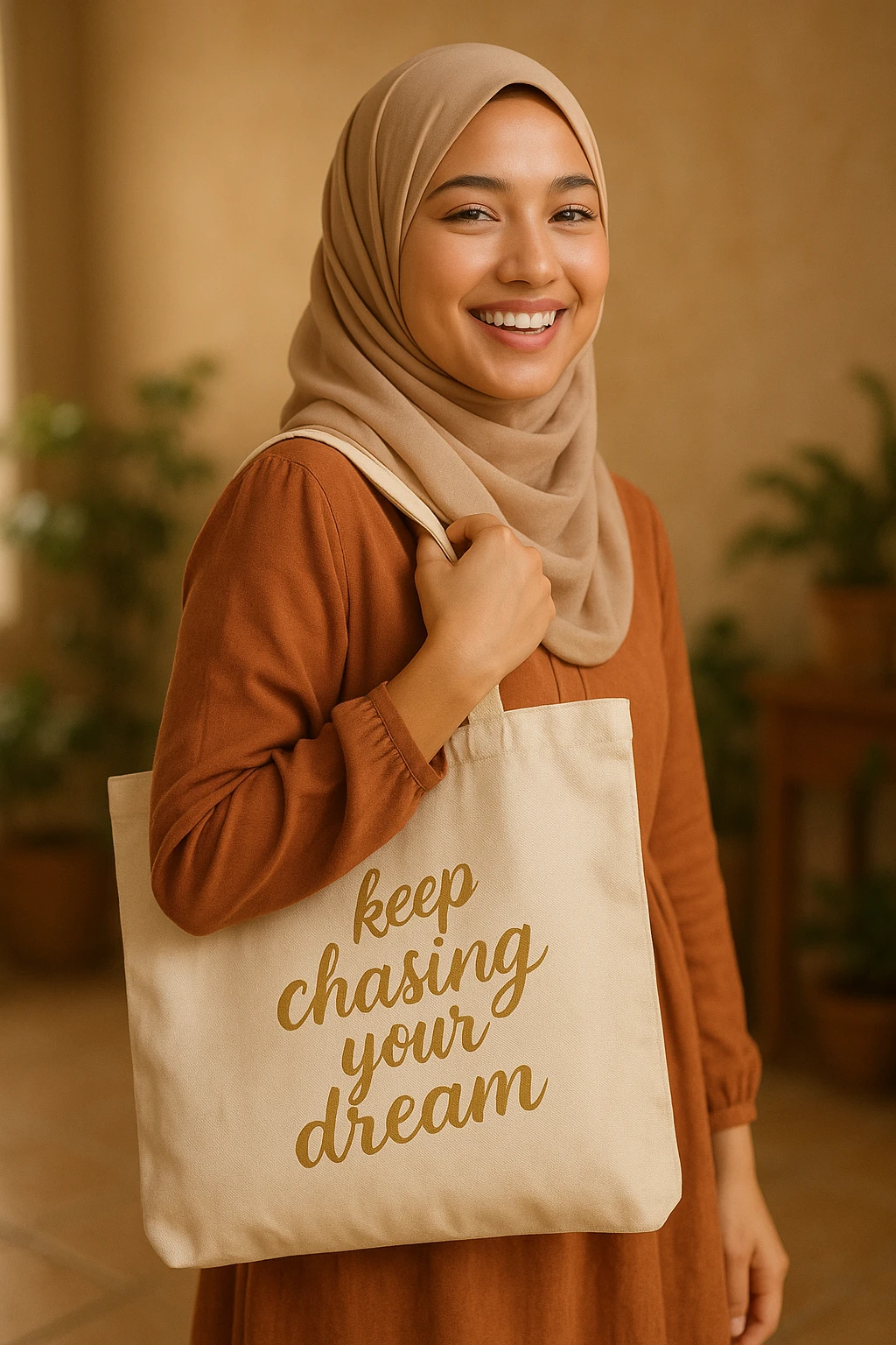 A beautiful hijabi girl, smiling, wearing a tote bag. The tote bag features the text 'keep chasing your dream' in a soft gold color. The overall look is warm, inviting, and uplifting. emoji