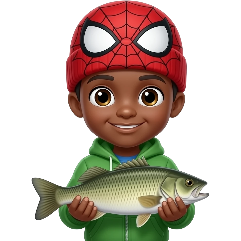 a small black kid ,with a spiderman beanie and a green jacket holding a bass fish emoji