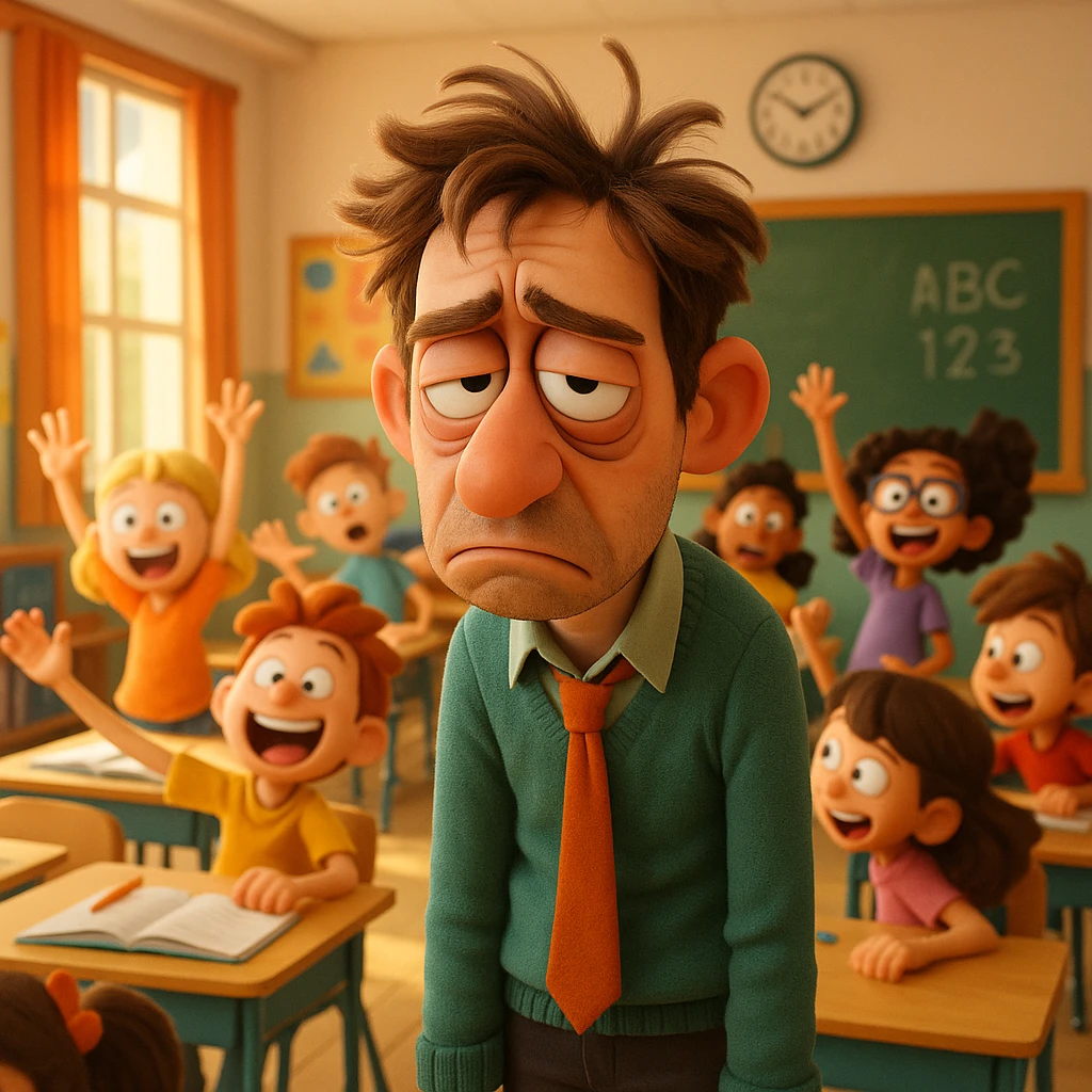 3d cartoon art of a exhausted teacher in a bustling classroom emoji