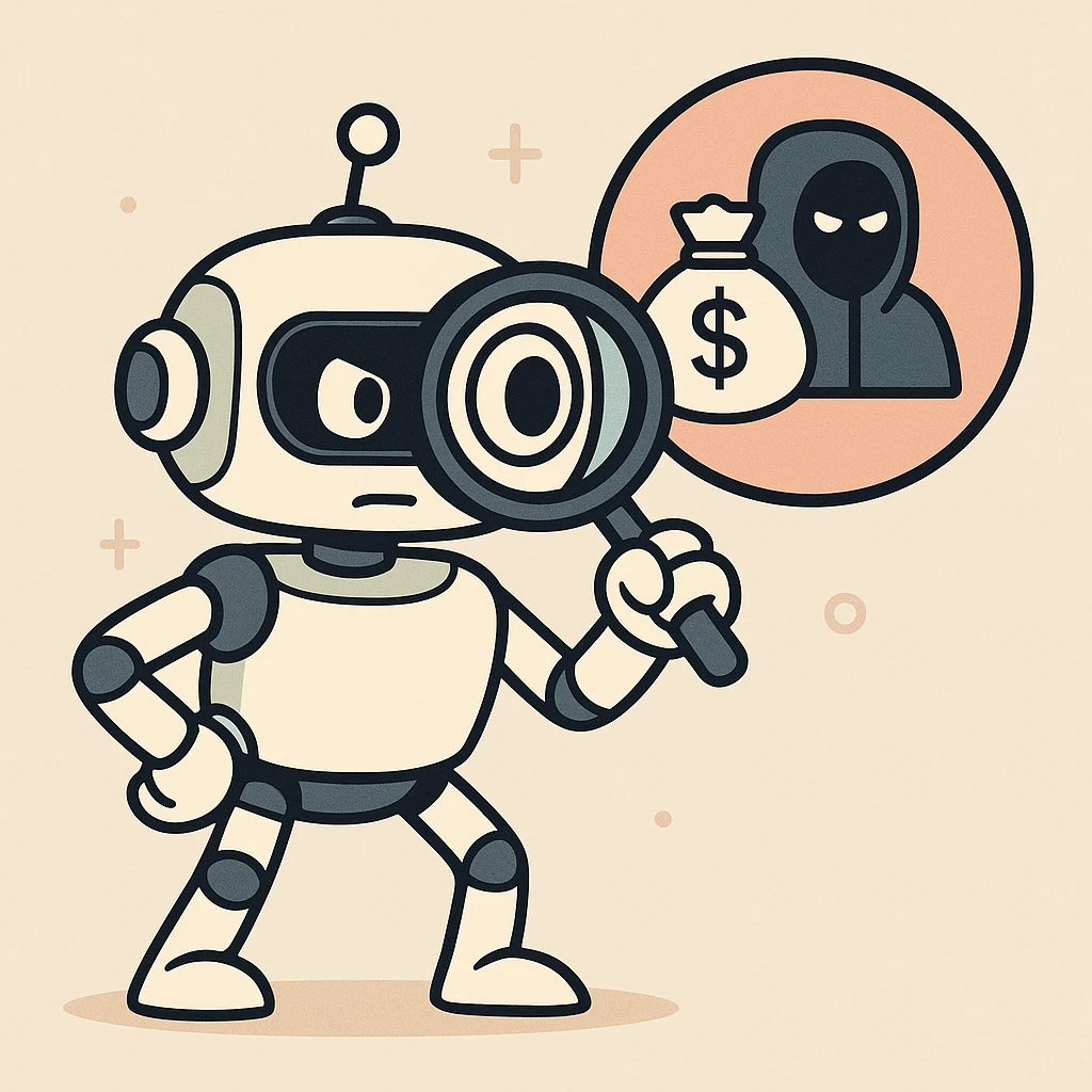 vigilant robot mascot with a magnifying glass scanning for suspicious activity symbolizing anti-money laundering and anti-terrorism efforts in a clean tech-inspired style emoji