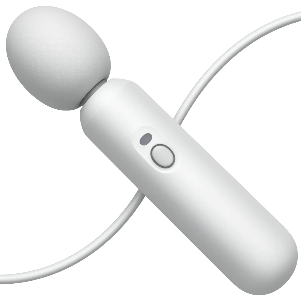 body massager in the form of a stick with a round, slightly elongated attachment on the wire, vibrating body massager, white, with an on/off button emoji