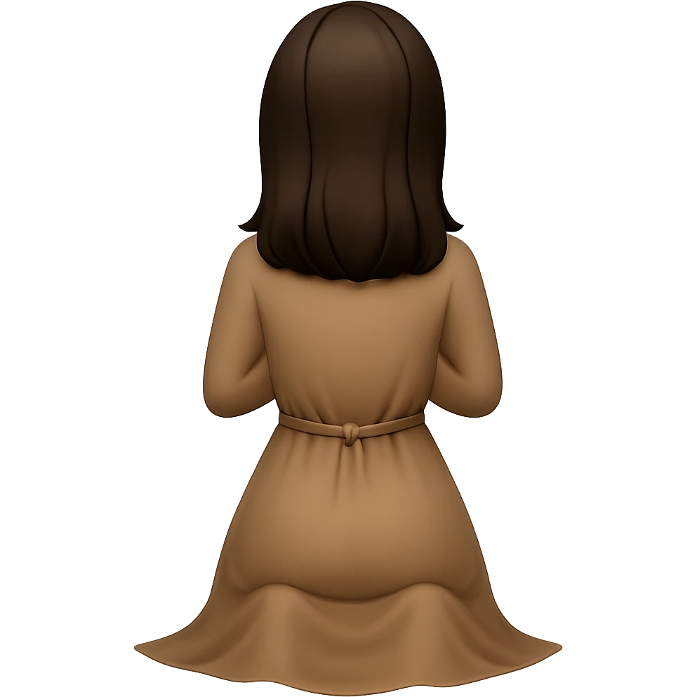 Create a woman kneeling and praying from the back view, wearing a long tan dress, with dark brown hair, in emoji style, matching the same body figure as the reference image, with no background. emoji