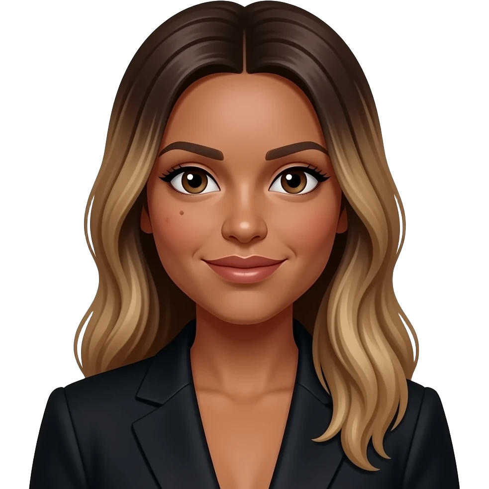 woman-with-black-suit-valayage hair long and warmth skin color,light dark skin big nose and shape big faces and has small pimple in left , i also have the mole in face near nose small one,put pimple in face emoji